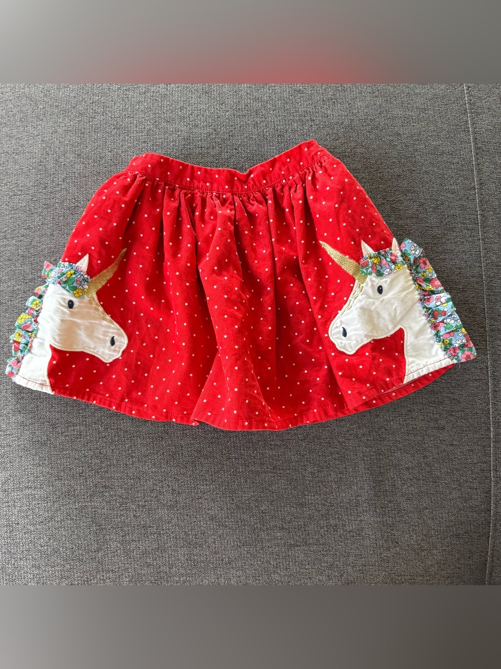 Mini Boden Red Unicorn Appliqué Skirt Polka Dot Corduroy Whimsical Fairy 5-6